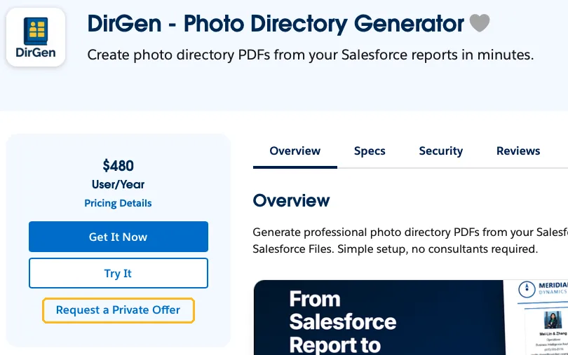 The DirGen listing on AgentExchange, with Request a Private Offer highlighted below the Get It Now and Try It buttons