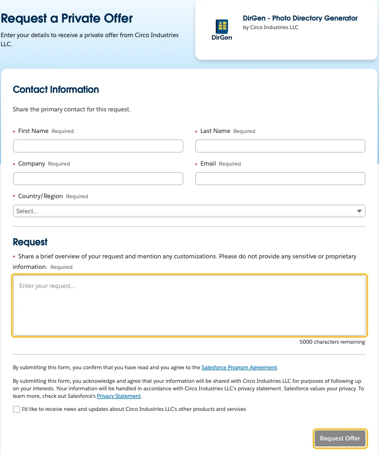 The Request a Private Offer form with contact fields, a Request box, and a Request Offer button. The Request box and button are highlighted.