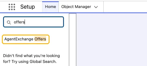 Salesforce Setup with offers typed in Quick Find and the AgentExchange Offers result highlighted