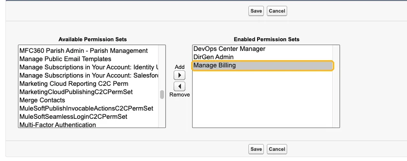 A user's Permission Set Assignments, with Manage Billing moved into Enabled Permission Sets
