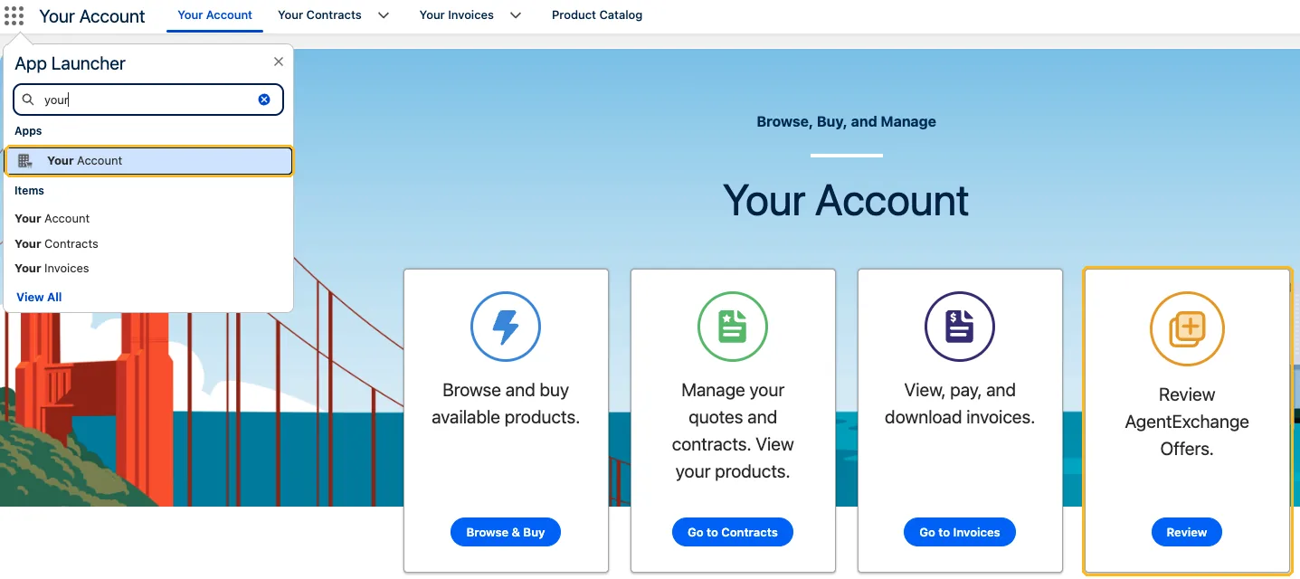 The Your Account app opened from the App Launcher, with the Review AgentExchange Offers tile highlighted