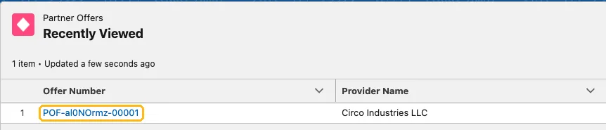 The Partner Offers list with one offer from Circo Industries LLC, its offer number highlighted