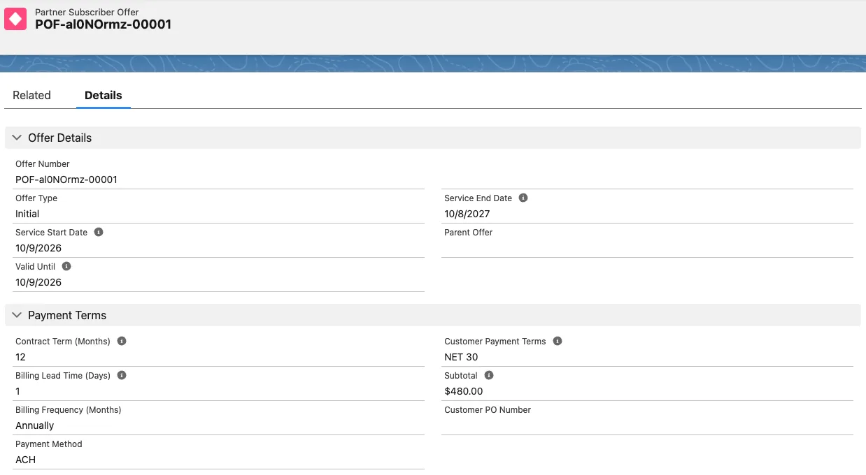 An offer's Details tab showing service dates, a 12-month contract billed annually, NET 30 payment terms, ACH payment, and the subtotal